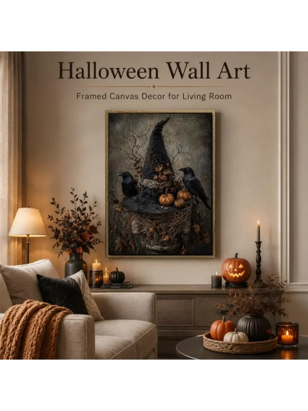 Spooky Halloween Framed Wall Art - Witch Hat, Raven & Pumpkin Decor